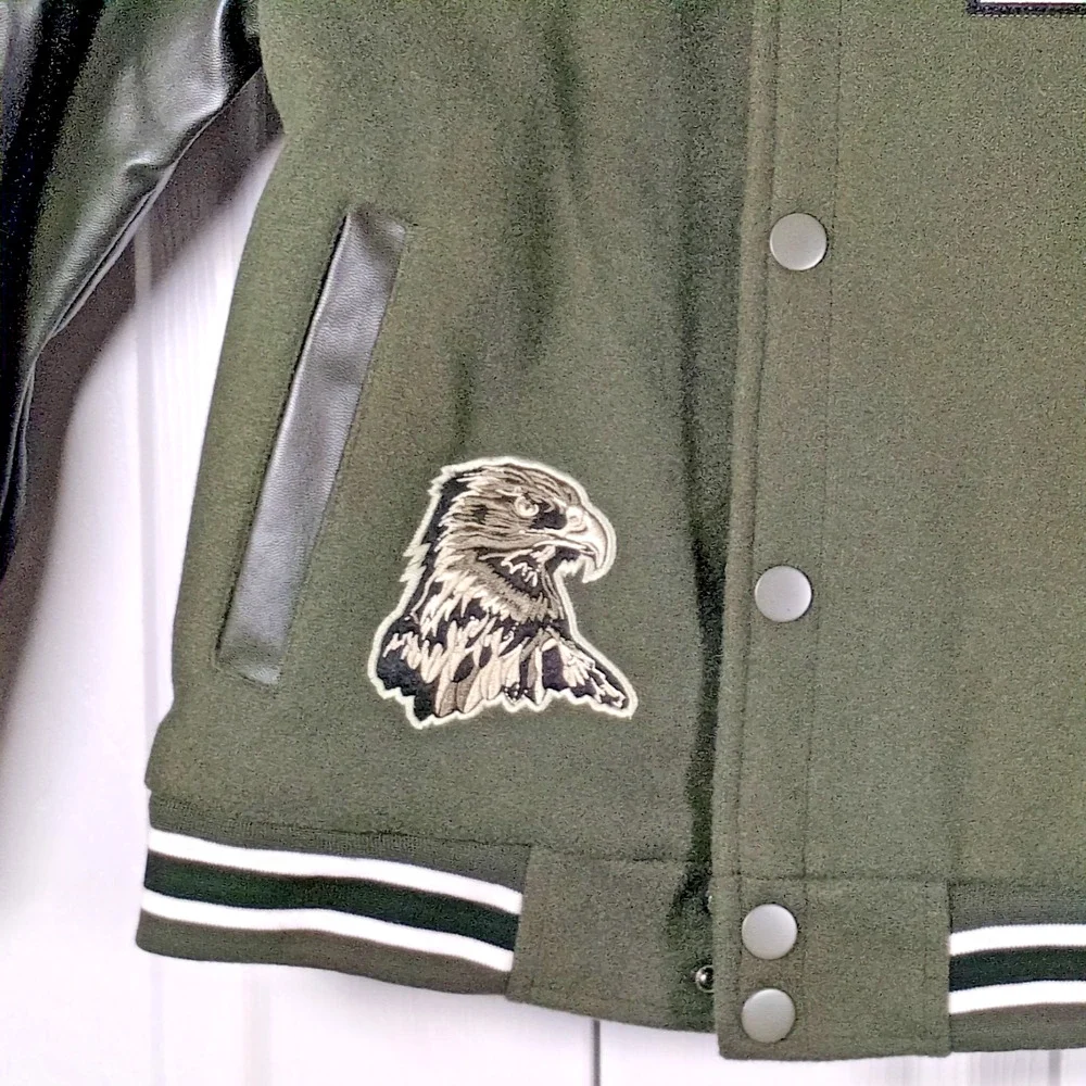 Ring of Fire Boys HANAN Varsity Jacket Patches Olive Green Faux Leather S 8